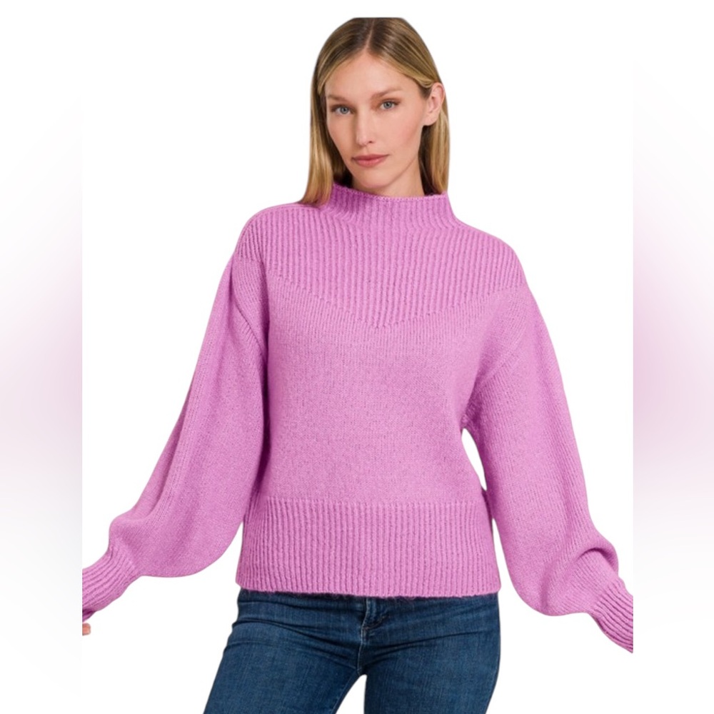 Zenana Mauve Mock Neck Long Sleeve Balloon Sleeve Sweater Knit - Picture 2 of 6